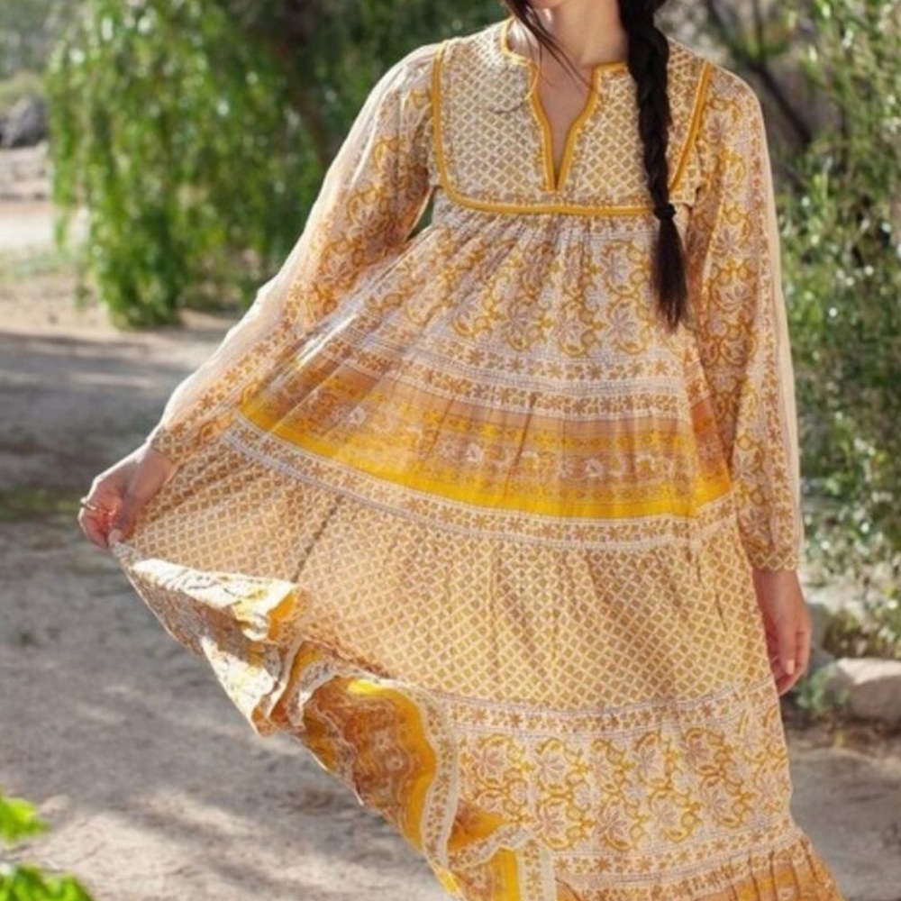 Matta Dress Womens XS Yellow White Matta Nitika Nima Floral Boho Pockets India